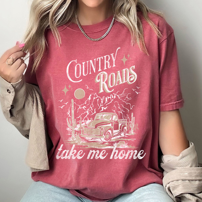 Country Roads Take Me Home Comfort Colors Tee, Country Vibes Printed Tee, Country Music Shirt 