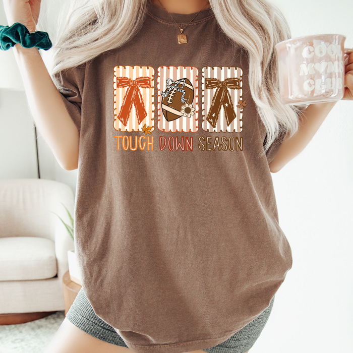Touch Down Season Comfort Colors Tee, Bows And Football Printed Tee, Fall Football Season Shirt