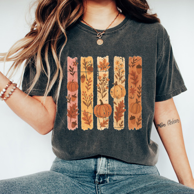 Autumn Foliage Stripes Comfort Colors Tee, Fall Pumpkins Printed Tee, Falling Leaves Shirt 