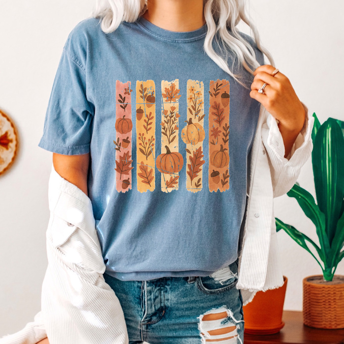 Autumn Foliage Stripes Comfort Colors Tee, Fall Pumpkins Printed Tee, Falling Leaves Shirt 