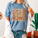 Large Blue Jean Autumn Foliage Stripes Comfort Colors Tee, Fall Pumpkins Printed Tee, Falling Leaves Shirt 