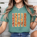 Small Light Green Autumn Foliage Stripes Comfort Colors Tee, Fall Pumpkins Printed Tee, Falling Leaves Shirt 