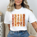 XXL White Autumn Foliage Stripes Comfort Colors Tee, Fall Pumpkins Printed Tee, Falling Leaves Shirt 