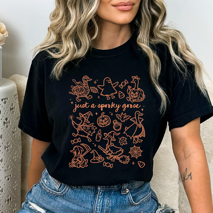 Just A Spooky Goose Comfort Colors Tee, Halloween Goose Printed Tee, Spooky Halloween Shirt