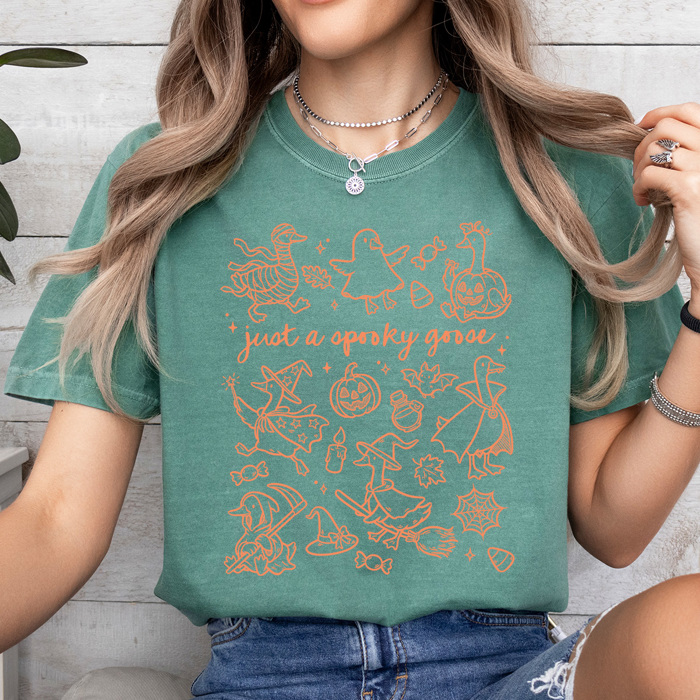 Just A Spooky Goose Comfort Colors Tee, Halloween Goose Printed Tee, Spooky Halloween Shirt
