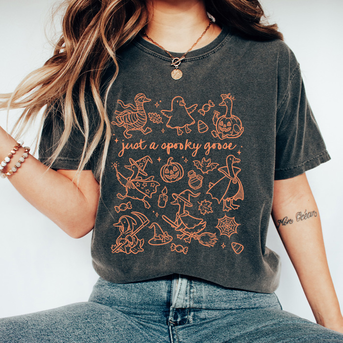 Just A Spooky Goose Comfort Colors Tee, Halloween Goose Printed Tee, Spooky Halloween Shirt