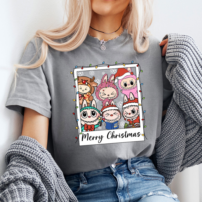 Little Monsters Christmas Polaroid Comfort Colors Tee, Furry Bubu Holiday Printed Tee, Trendy Christmas Toy Shirt   