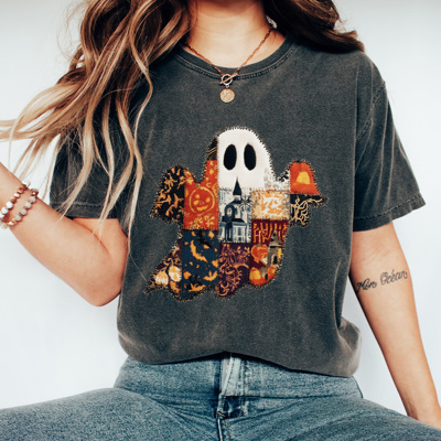 Quilted Halloween Ghost Comfort Colors Tee, Printed Spooky Pattern Tee, Halloween Boo Shirt