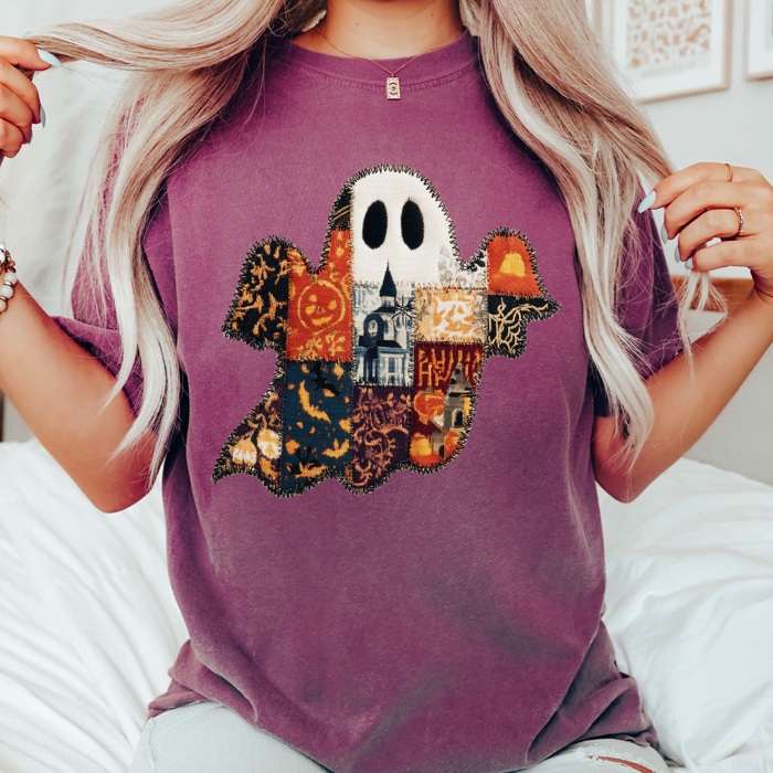 Quilted Halloween Ghost Comfort Colors Tee, Printed Spooky Pattern Tee, Halloween Boo Shirt