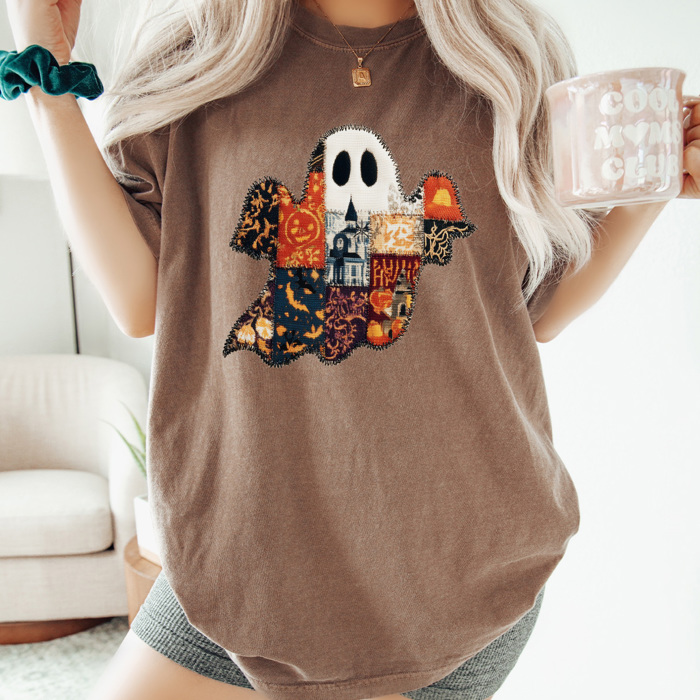 Quilted Halloween Ghost Comfort Colors Tee, Printed Spooky Pattern Tee, Halloween Boo Shirt