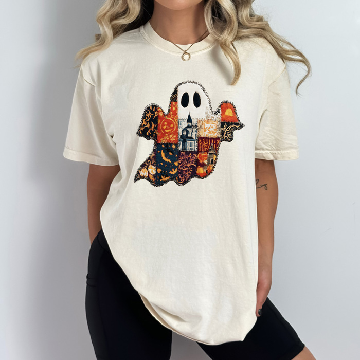 Quilted Halloween Ghost Comfort Colors Tee, Printed Spooky Pattern Tee, Halloween Boo Shirt