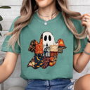 XL Light Green Quilted Halloween Ghost Comfort Colors Tee, Printed Spooky Pattern Tee, Halloween Boo Shirt