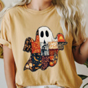 XL Mustard Quilted Halloween Ghost Comfort Colors Tee, Printed Spooky Pattern Tee, Halloween Boo Shirt