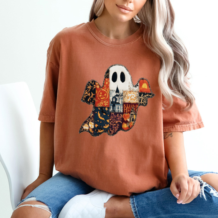 Quilted Halloween Ghost Comfort Colors Tee, Printed Spooky Pattern Tee, Halloween Boo Shirt