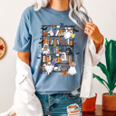 Large Blue Jean Halloween Ghost Book Shelf Comfort Colors Tee, Spooky Reading Book Printed Tee, Halloween Horror Book Tok Tee