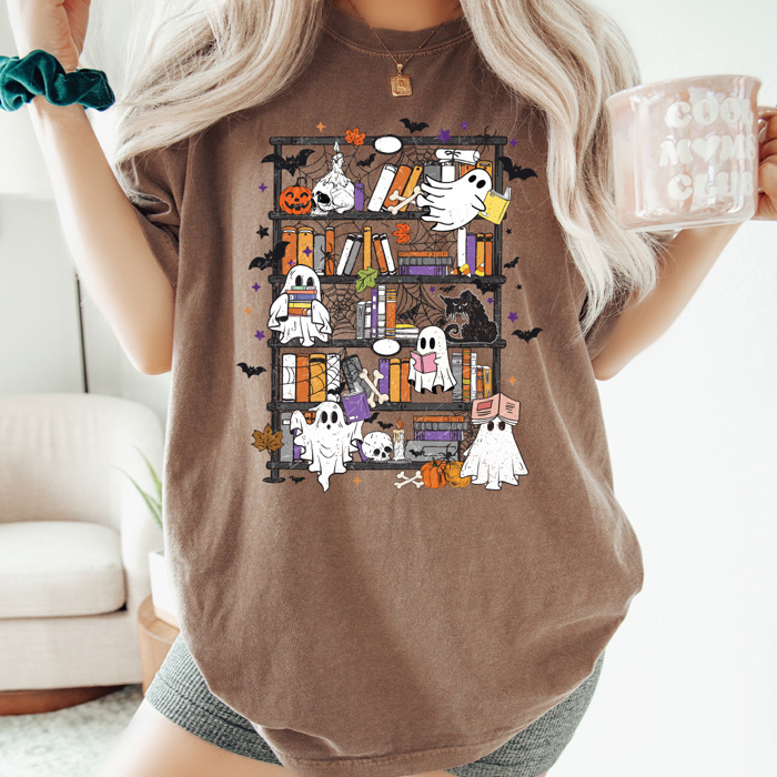 Halloween Ghost Book Shelf Comfort Colors Tee, Spooky Reading Book Printed Tee, Halloween Horror Book Tok Tee