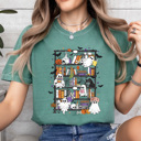 Small Light Green Halloween Ghost Book Shelf Comfort Colors Tee, Spooky Reading Book Printed Tee, Halloween Horror Book Tok Tee