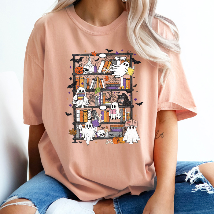 Halloween Ghost Book Shelf Comfort Colors Tee, Spooky Reading Book Printed Tee, Halloween Horror Book Tok Tee
