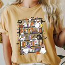  Halloween Ghost Book Shelf Comfort Colors Tee, Spooky Reading Book Printed Tee, Halloween Horror Book Tok Tee