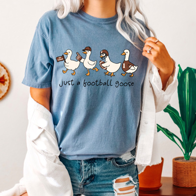 Just A Football Goose Comfort Colors Tee, Silly Goose Printed Tee, Game Day Football Goose 