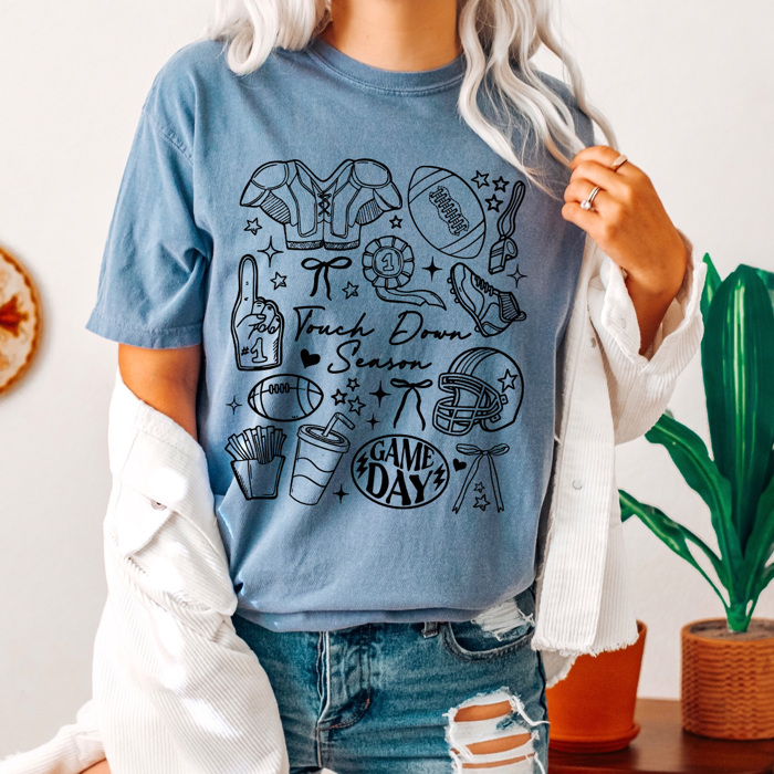 Touch Down Season Football Comfort Colors Tee, Trendy Game Day Collage Printed Tee, Football Season Shirt 
