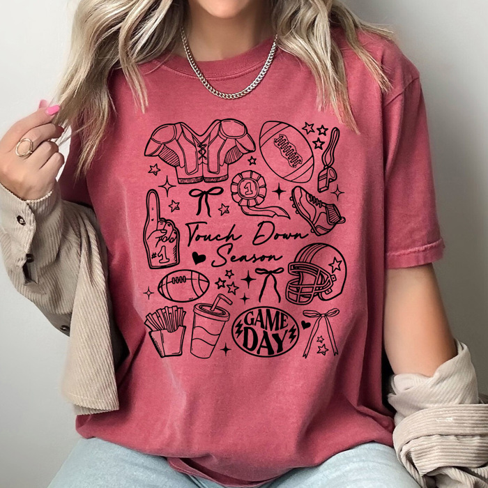 Touch Down Season Football Comfort Colors Tee, Trendy Game Day Collage Printed Tee, Football Season Shirt 