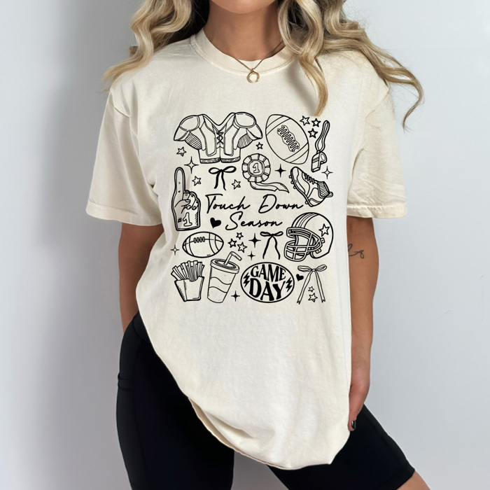 Touch Down Season Football Comfort Colors Tee, Trendy Game Day Collage Printed Tee, Football Season Shirt 