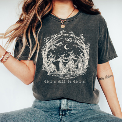 Girl's Will Be Girl's Witchy Comfort Colors Tee, Witch Coven Funny Printed Tee, Halloween Spooky Shirt