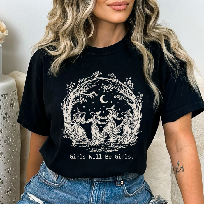 Girl's Will Be Girl's Witchy Comfort Colors Tee, Witch Coven Funny Printed Tee, Halloween Spooky Shirt