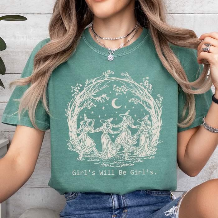 Girl's Will Be Girl's Witchy Comfort Colors Tee, Witch Coven Funny Printed Tee, Halloween Spooky Shirt