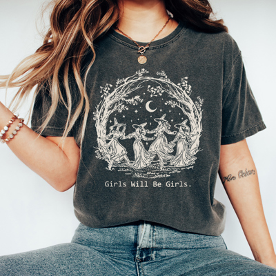Girl's Will Be Girl's Witchy Comfort Colors Tee, Witch Coven Funny Printed Tee, Halloween Spooky Shirt
