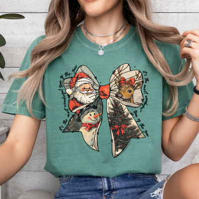 Vintage Christmas Bow Comfort Colors Tee, Vintage Christmas Characters, Santa Claus, Snowman, Reindeer 