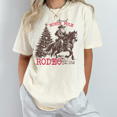 North Pole Rodeo Comfort Colors Tee, Holliday Graphic Tee, Santa, Horse, Cowoboy Shirt 