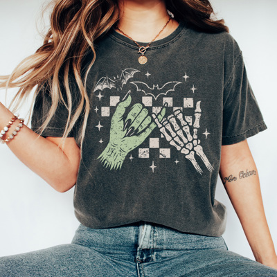 Frankenstein And Skeleton Pinky Promise Comfort Colors, Halloween Spooky Graphic Tee, Halloween Checkered Printed Tee