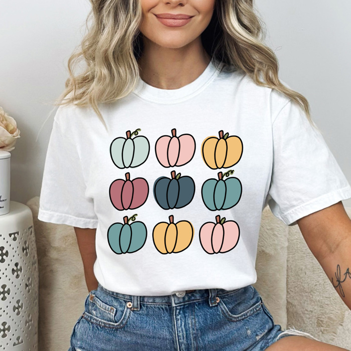 Colorful Thankful Fall Comfort Colors Tee, Hello Pumpkin Printed Tee, Colored Pumpkins Fall Tees 