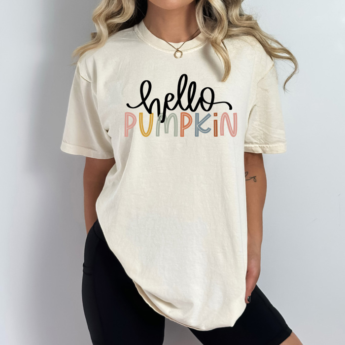 Colorful Thankful Fall Comfort Colors Tee, Hello Pumpkin Printed Tee, Colored Pumpkins Fall Tees 