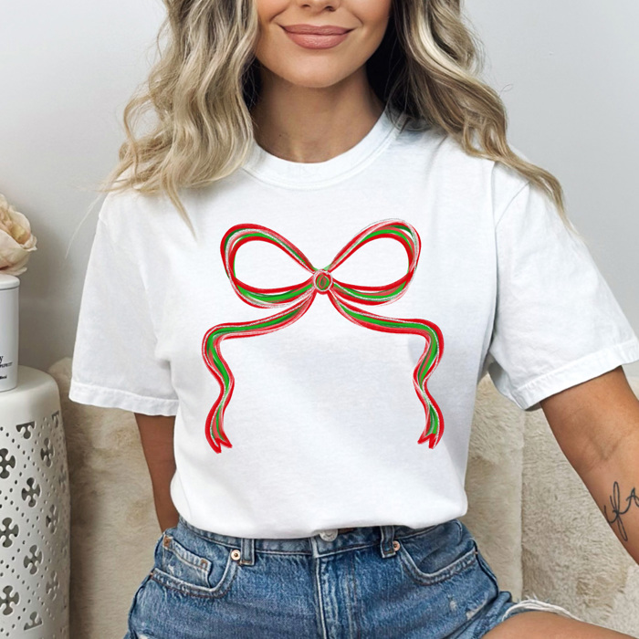 Holiday Christmas Bows Comfort Colors Tee, Festive Coquette Bow Printed Tee 