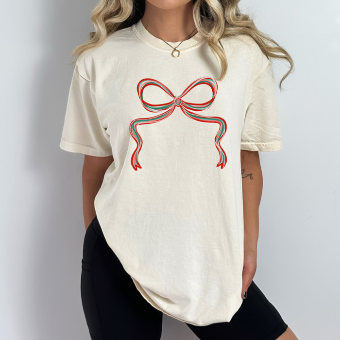 Holiday Christmas Bows Comfort Colors Tee, Festive Coquette Bow Printed Tee 