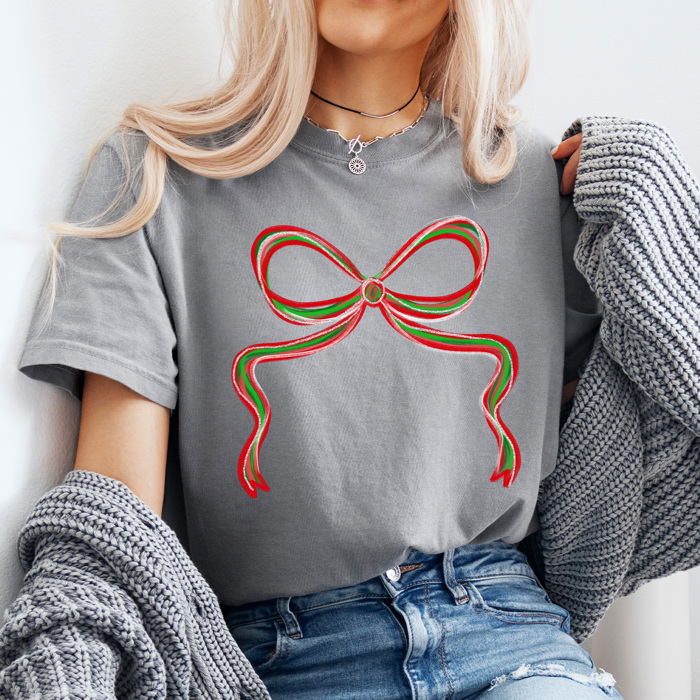 Holiday Christmas Bows Comfort Colors Tee, Festive Coquette Bow Printed Tee 