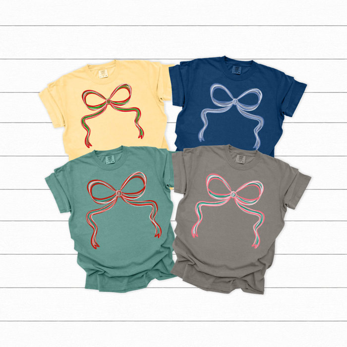 Holiday Christmas Bows Comfort Colors Tee, Festive Coquette Bow Printed Tee 