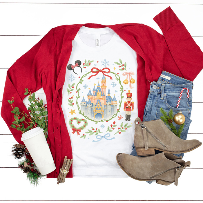 Theme Park Castle Christmas Graphic Tee, Watercolor Holiday Graphic Shirt, Theme Park Mouse 