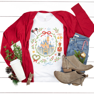 Theme Park Castle Christmas Graphic Tee, Watercolor Holiday Graphic Shirt, Theme Park Mouse 