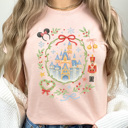 Medium Peachy Theme Park Castle Christmas Graphic Tee, Watercolor Holiday Graphic Shirt, Theme Park Mouse 