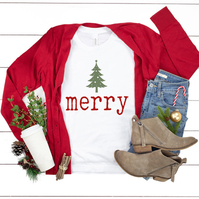 Merry Tree Graphic Tee, Holiday Printed Shirt, Merry Christmas Tee