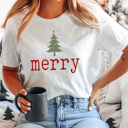 XL Ash Gray Merry Tree Graphic Tee, Holiday Printed Shirt, Merry Christmas Tee