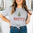 XXL Athletic Heather Merry Tree Graphic Tee, Holiday Printed Shirt, Merry Christmas Tee