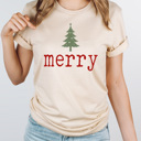 XXL Cream Merry Tree Graphic Tee, Holiday Printed Shirt, Merry Christmas Tee