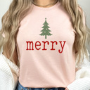Medium Peachy Merry Tree Graphic Tee, Holiday Printed Shirt, Merry Christmas Tee