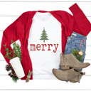 Medium White Merry Tree Graphic Tee, Holiday Printed Shirt, Merry Christmas Tee