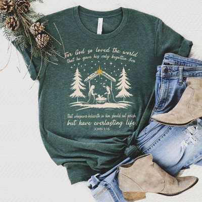 For God So Loved The World Graphic Tee, Chirstmas, Birth Of Jesus Holiday Shirt 
